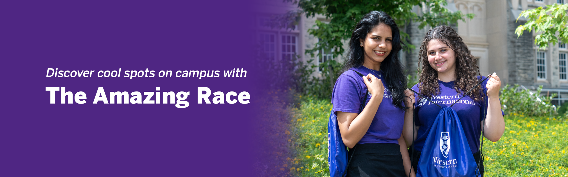 Students smiling and standing in western international gear. The text says "Discover cool spots on campus with The Amazing Race"